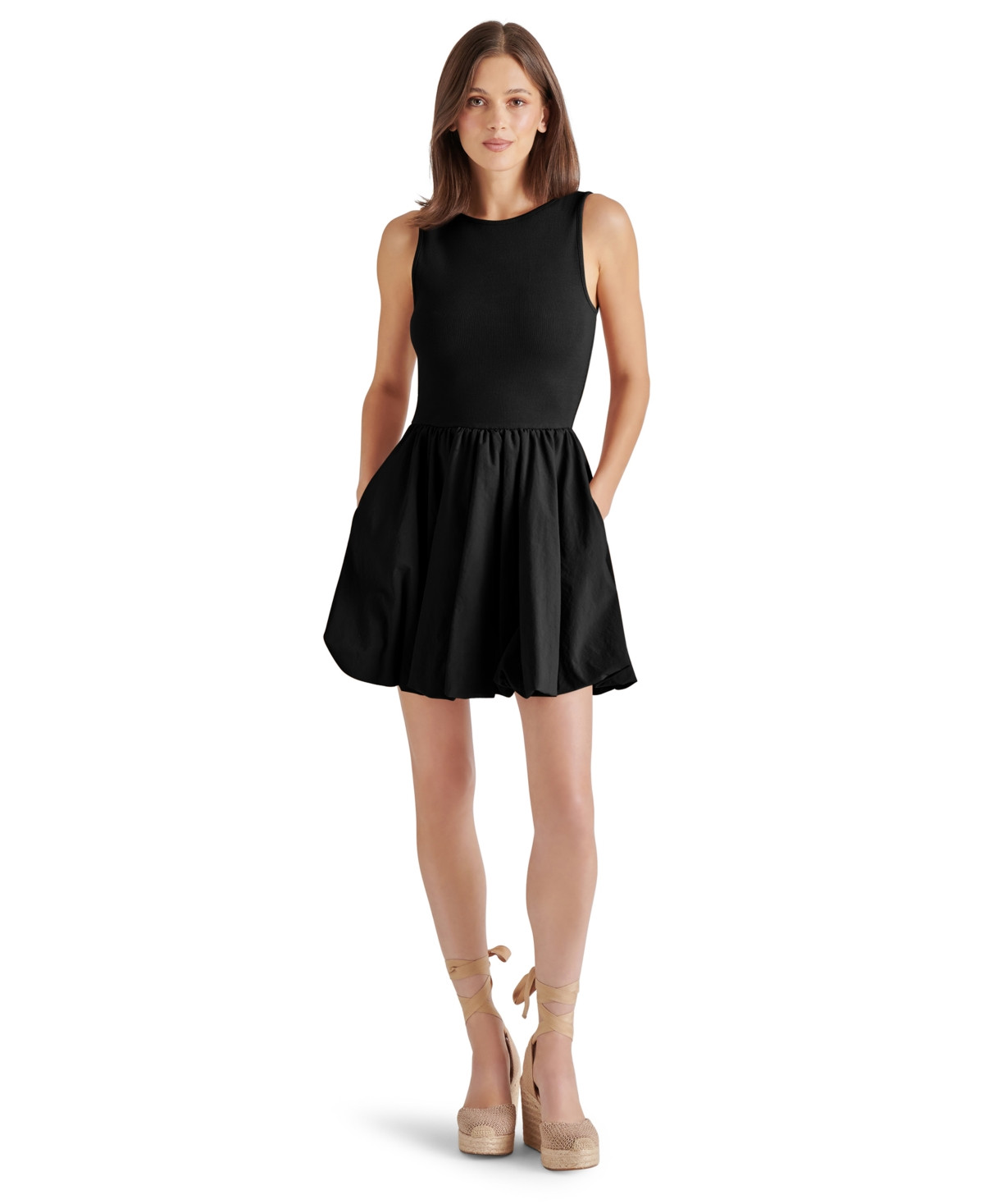 Steve Madden Women's Palermo Mixed-Media Bubble-Hem Fit & Flare Dress - Black | Macy's