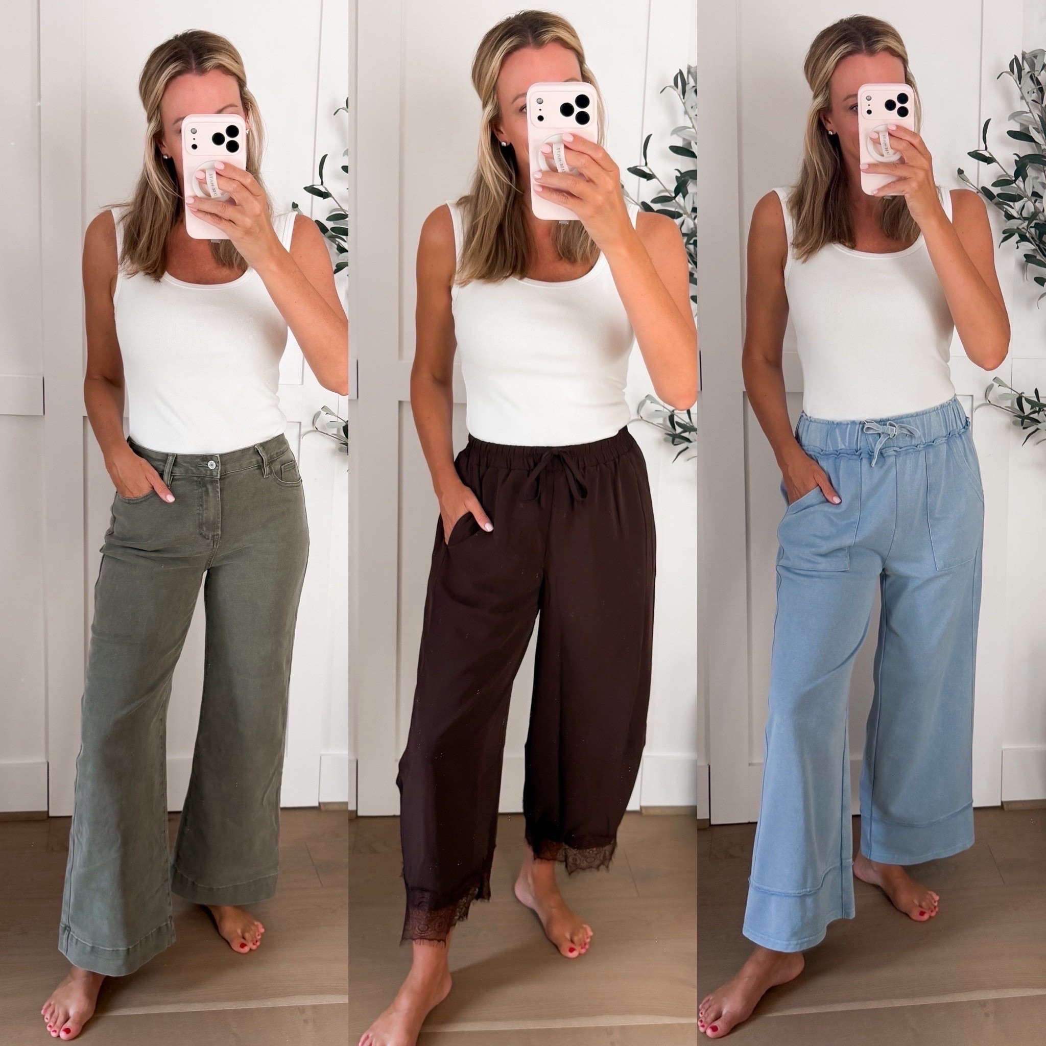 Three pairs of pants, and somehow they all solve a different outfit problem. The olive wide legs work with everything, the chocolate pair has the prettiest lace detail, and the blue drawstring pair gives you the look of denim with the comfort of sweats.

wide leg pants, olive green pants, chocolate brown pants, lace detail pants, drawstring jeans, comfortable pants, casual fall outfits, transitional fall style, everyday pants, women’s fall fashion, tall girl style, HauteandHumid

#LTKootd #LTKgrwm #LTKTall