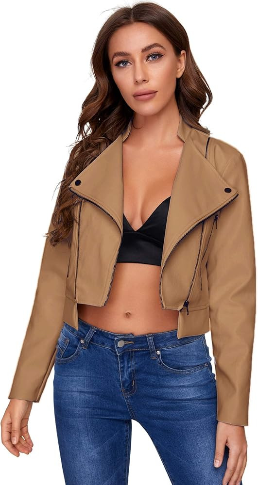 SheIn Women's Zipper Front Casual PU Leather Cropped Jacket Long Sleeve Bolero | Amazon (US)