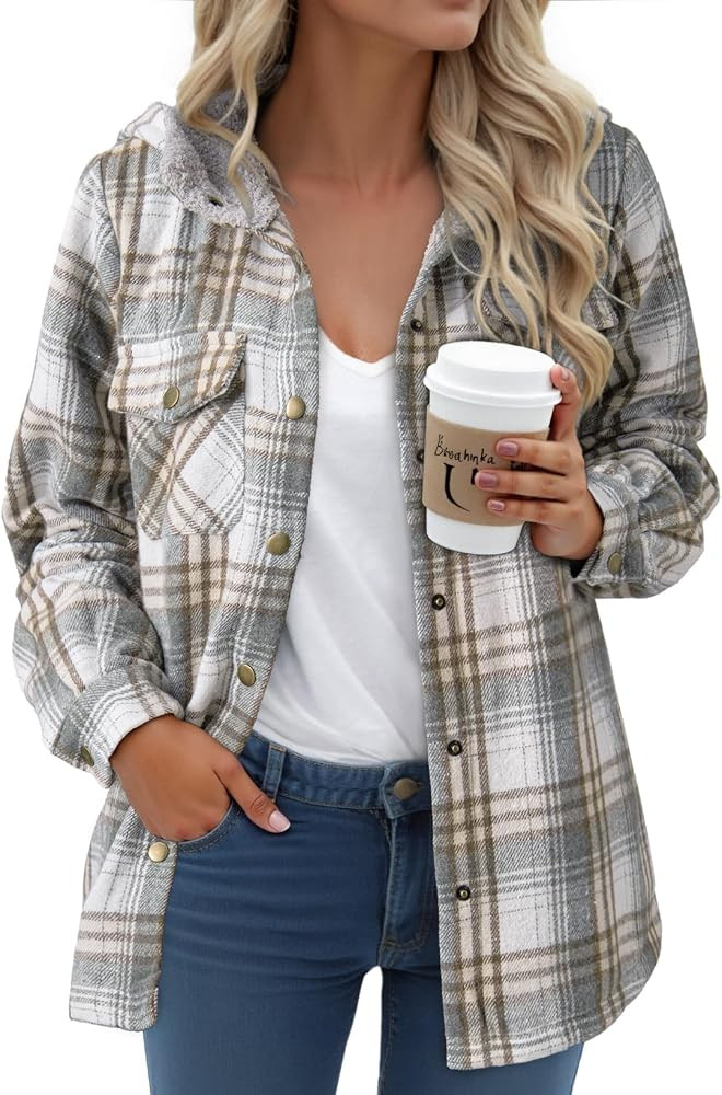 Dokotoo Womens Plaid Shacket Jacket Long Sleeve Button Down Fleece Hooded Jackets Warm Coat | Amazon (US)