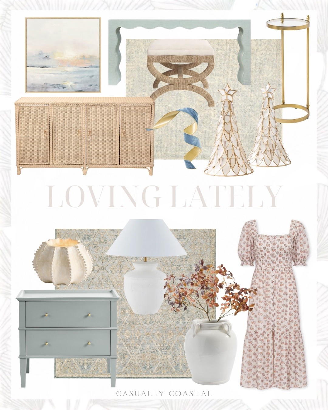 Loving Lately

Coastal home decor, coastal dress, coastal rug, coastal lamp, coastal nightstand, coastal wall art, coastal artwork, coastal side table, coastal vase, green wood raffia wavy console table, upholstered ottoman, Serena & lily rug, 5x7 rug, coastal dresser, 2 drawer nightstand, hand knotted wool rug, pottery barn rug, round glass c-table, boho sideboard, rattan sideboard buffet, Anthropologie dress, fall midi dress, pastel sunset framed canvas, capiz table top trees, coastal Christmas decor, decorative gold trim velvet ribbon, oversized leaf branch, pottery barn vase, sea urchin shell candle, table lamp, quince Mongolian cashmere cardigan sweater, wayfair rug, wool and cotton rug