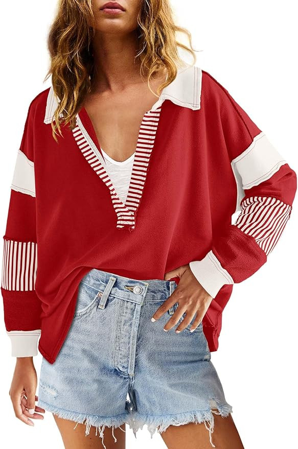 ReachMe Womens Oversized Striped Sweatshirts V Neck Loose Fit Tunic Colorblock Polo Shirts Patchw... | Amazon (US)