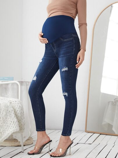 Umstandsmode Schmale Jeans mit Riss, breitem Taillenband, | SHEIN