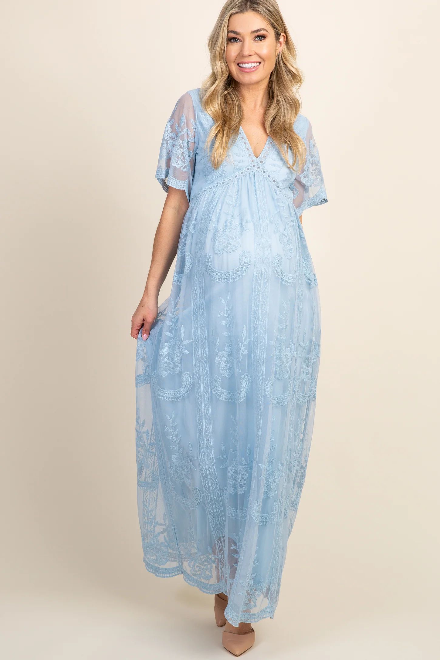 PinkBlush Light Blue Lace Mesh Overlay Maternity Maxi Dress | PinkBlush Maternity