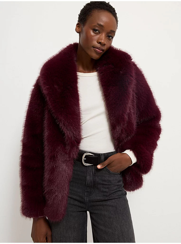 Burgundy Faux Fur Oversized Short Coat | George at ASDA