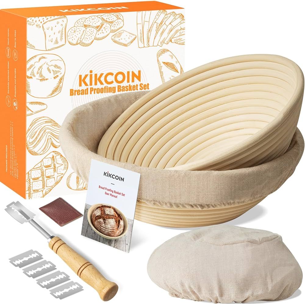 Bread Proofing Basket, Kikcoin Banneton Bread Proofing Basket Set of 2, 9 Inch & 10 Inch Round So... | Amazon (US)