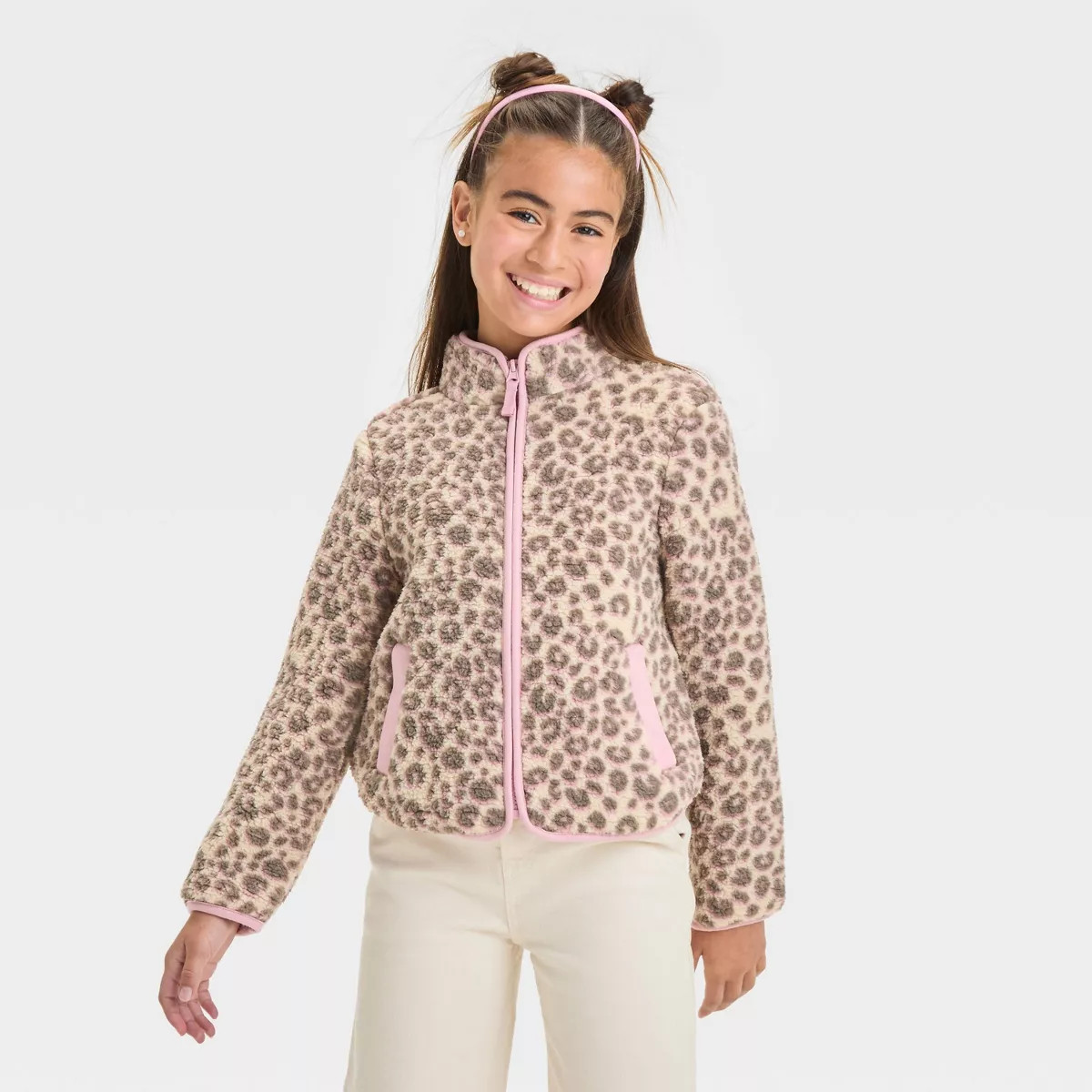 Girls' Faux Shearling Zip-Up Animal Print Jacket - Cat & Jack™ Beige | Target