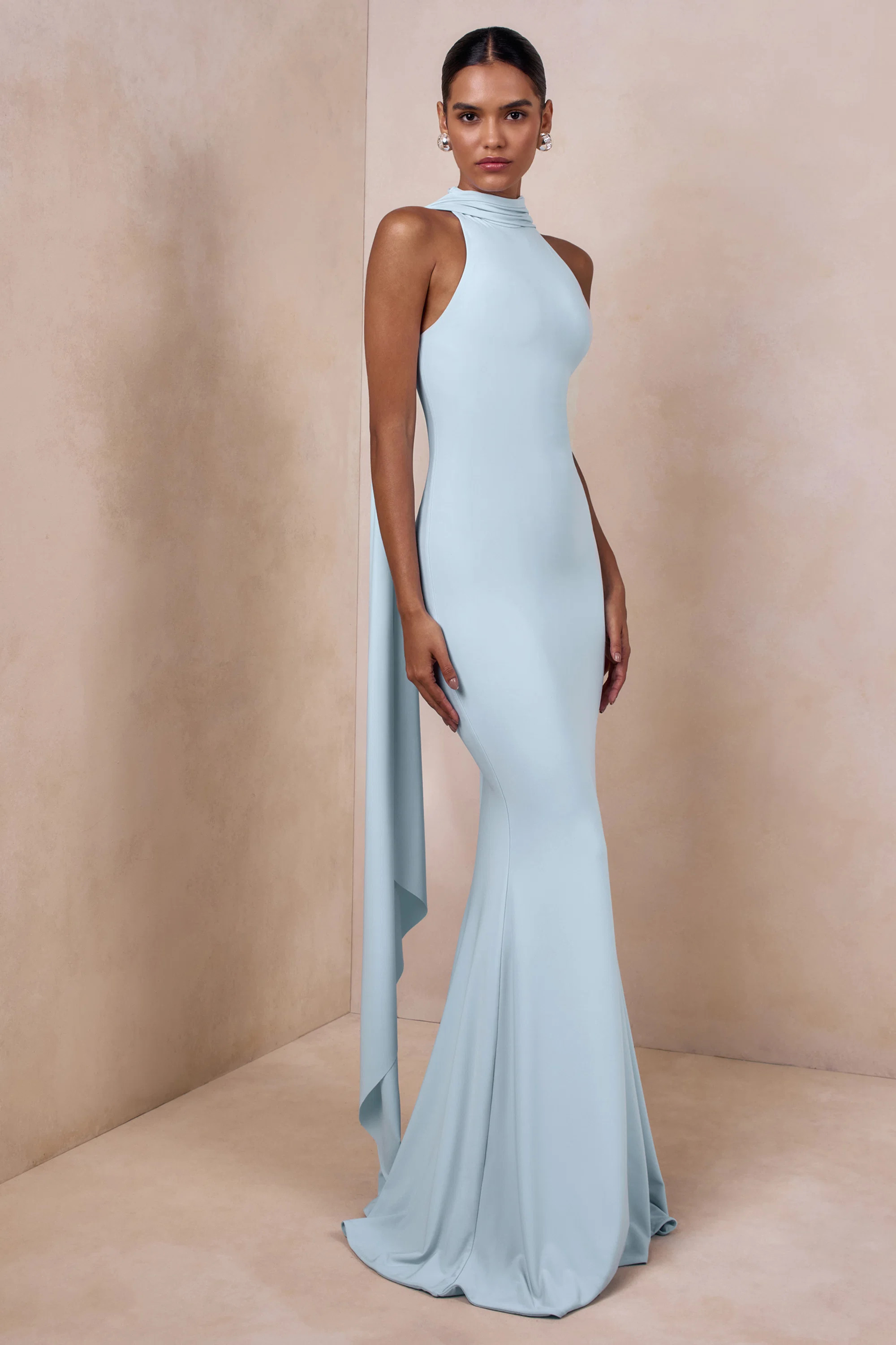 Cordy | Powder Blue High-Neck Maxi Dress With Cape | Club L London