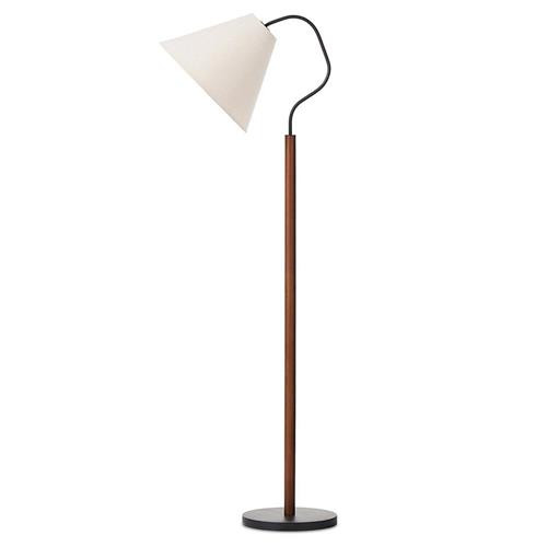 Fia Powder Coated Black Iron Brown Wood Natural Linen Shade Floor Lamp | Kathy Kuo Home