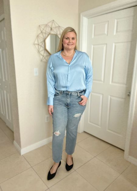 Old Navy outfit of the day! Silky boyfriend button up blouse. Wearing size large. Fits oversized. High rise straight leg jeans distressed. Wearing size 14 but need to size down. Stretchy and comfy. Pointy toe flats are comfortable and fit TTS. Workwear. Office style  

#LTKcurves #LTKunder50 #LTKworkwear