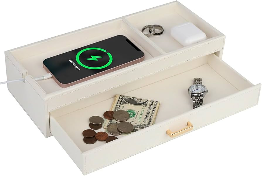 HofferRuffer Valet Jewelry Tray Organizer with Drawer, Faux Leather Storage Catchall Box Phone Ch... | Amazon (US)