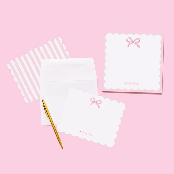 Shelby Parks Pink Bow Personalized Scallop Stationery and Notepad Bundle | Joy Creative Shop