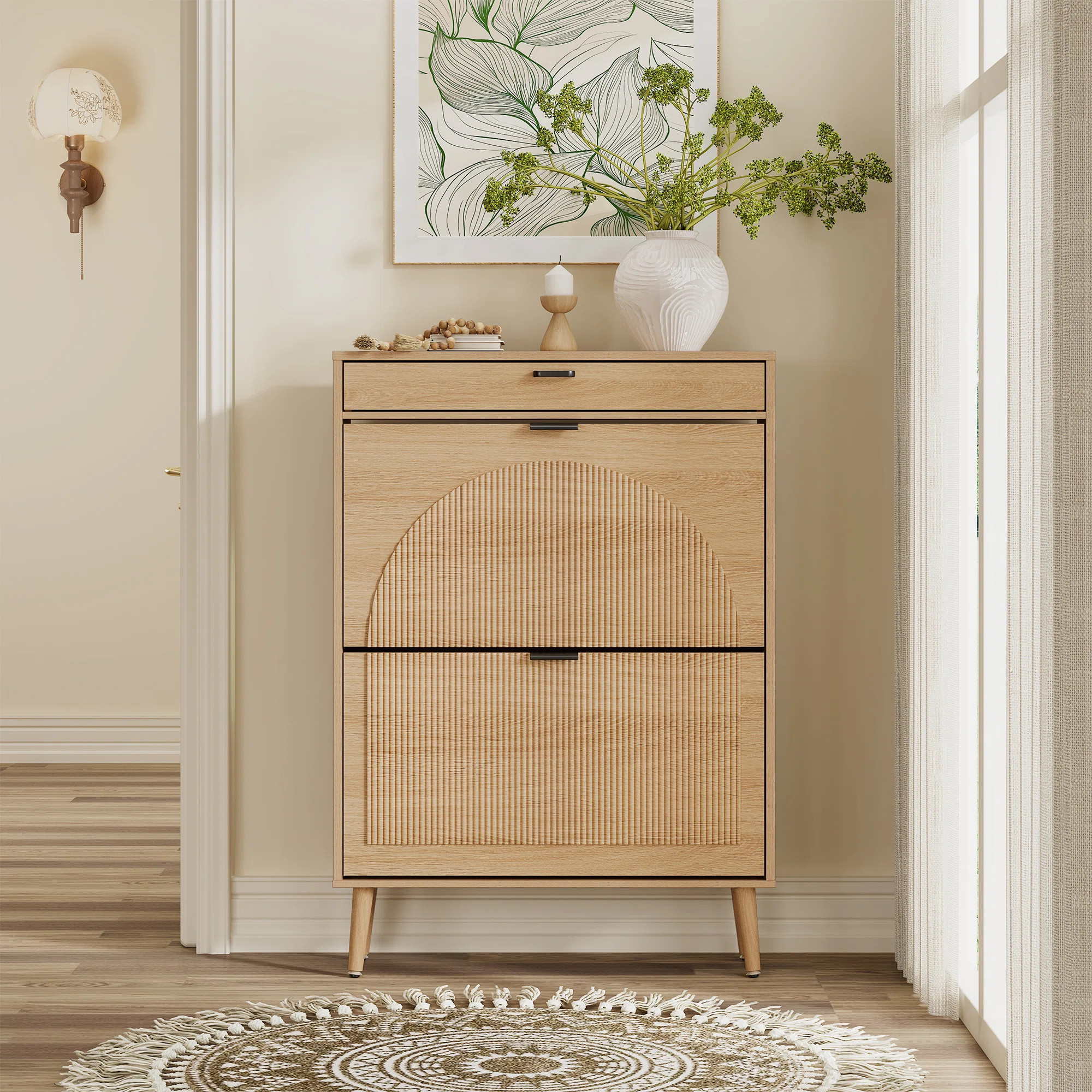 Designer Curved Three-dimensional Texture Fluted Panel Shoe Storage Cabinet | Wayfair North America
