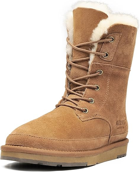 AU&MU Aumu Womens Shearling Leather Sheepskin Classic Lace up Mid Calf Flat Fur Winter Snow Boots... | Amazon (US)