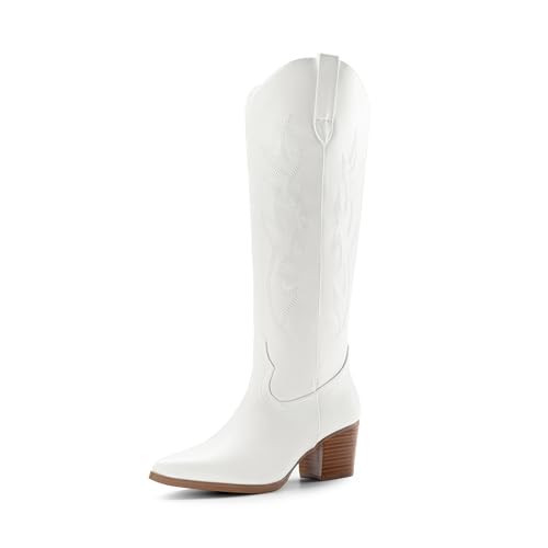 DREAM PAIRS Cowboy Boots for Women Cowgirl Knee High Boots Comfortable Pull On Zipper Chunky Heel Pointed Toe Embroidered Western Boots,Size 8.5,White,SDKB2410W | Amazon (US)