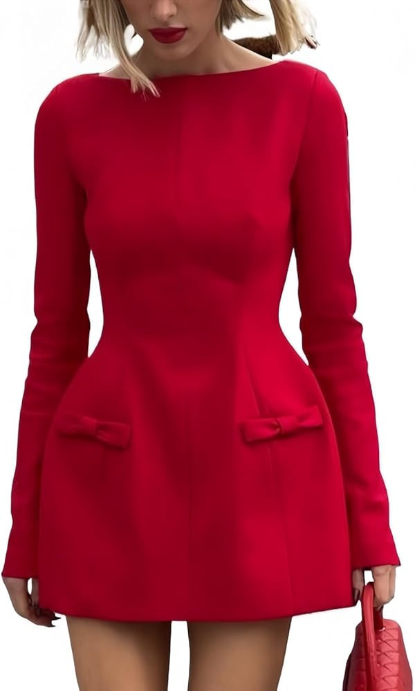 Elegant Red Dress - Long Sleeve Mini A Line Bow Corset Dress for Women's Holiday | Amazon (US)