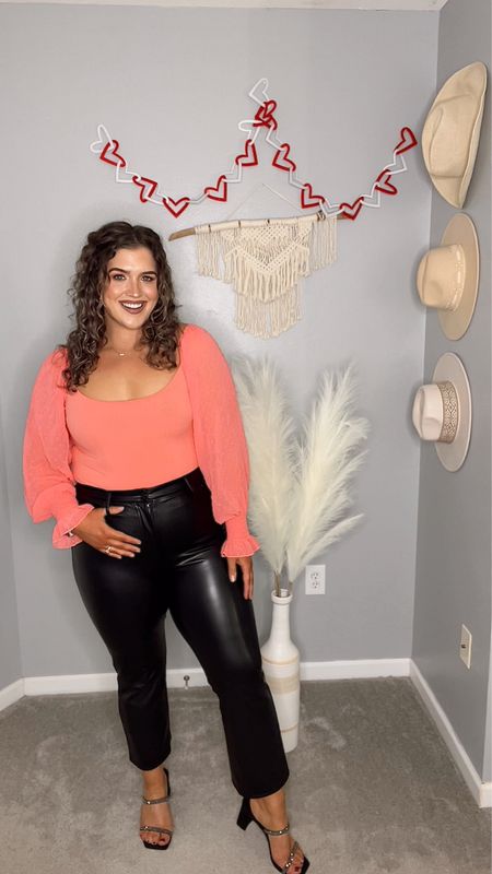 Curvy casual Valentine’s Day outfit 💘🍫🌹 Galentine’s day, Vday, casual outfit, bodysuit, leather pants 
Bodysuit: L
Pants: 12
#midsizeoutfits #valentinesday #vday #galentines #valentinesoutfits #ootd #casualoutfits #pinkoutfits #puffsleeve #heels #bodysuit #leatherpants #blackheels 

#LTKcurves #LTKFind #LTKstyletip