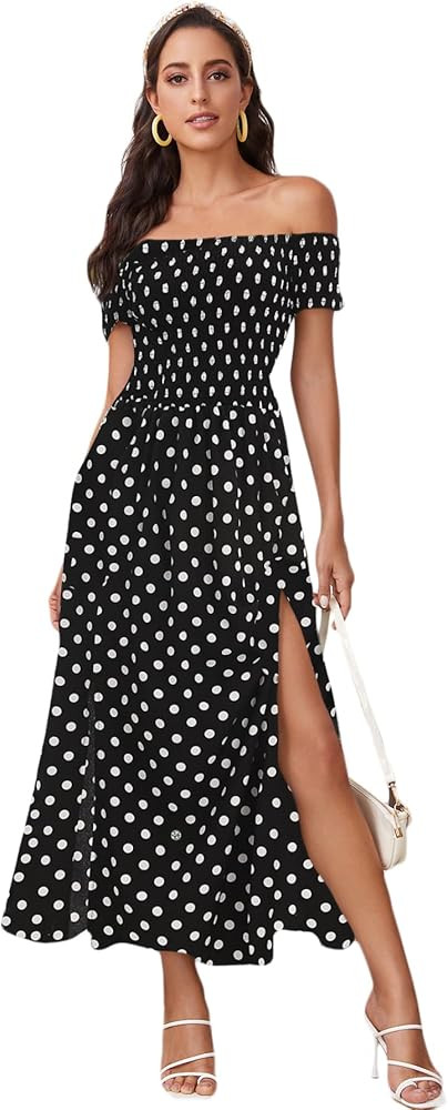 Floerns Women's Boho Floral Print Off Shoulder Split Long A Line Dress | Amazon (US)