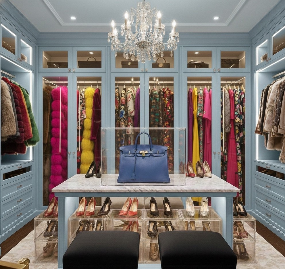 If your subconscious had a floor plan, we hope it would look exactly like this sky-blue dressing room. There is a psychological calmness to this specific shade of azure, which serves as the perfect neutral canvas for a high-fashion collection. The centerpiece here—that cobalt blue Birkin encased like a museum artifact—reminds us that luxury is as much about the presentation as it is about the provenance. This space is a masterclass in "Curated Organization," where every garment is treated with the reverence of a gallery piece. We’re inspired by the way the warm lighting within the cabinetry contrasts with the cool-toned millwork, creating a jewelry-box effect for your wardrobe. It’s a reminder that the act of getting dressed should be a daily ritual of inspiration, not a frantic search through clutter. This isn't just a closet; it's a sanctuary for the sartorially obsessed.
#closetgoals #luxuryhome #dressingroom

#LTKmorningroutine #LTKgrwm #LTKHome