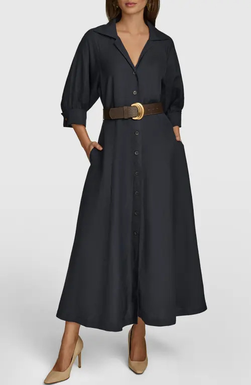 Donna Karan New York Belted Linen Blend Midi Shirtdress in Nightfall at Nordstrom, Size 10 | Nordstrom
