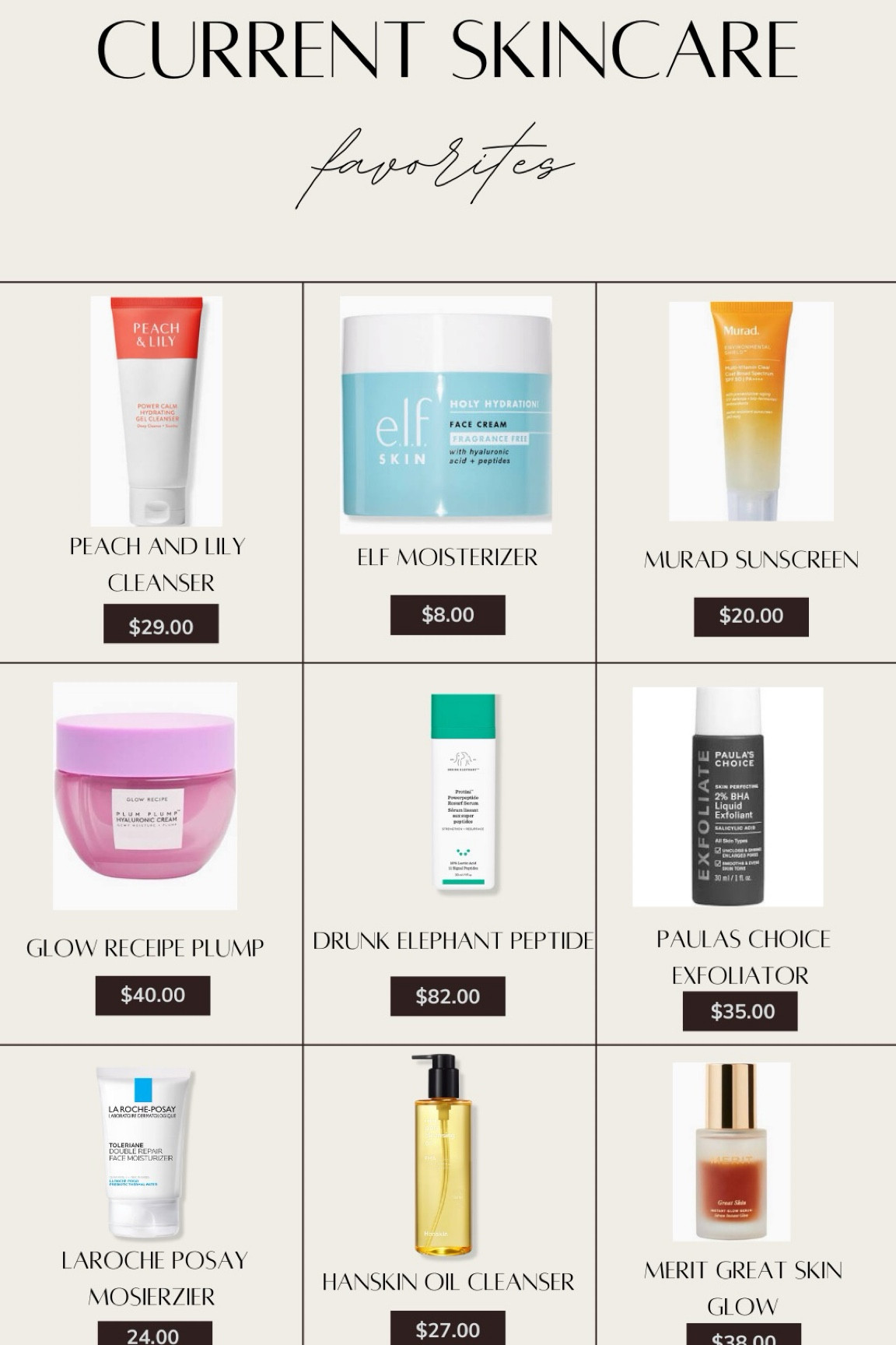 PEACH AND LILY CLEANSER 
ELF HYDRATING MOISTURIZER 
MURAD SUNSCREEN 
GLOW RECIPE PLUMP 
DRUNK ELEPHANT RETINOL
PAULAS CHOICE EXFOLIATOR
LAROCHE POSAY MOISTURIZER 
HANSKIN CLEANSER 
MERIT GREAT SKIN GLOW

#LTKFindsUnder100 #LTKBeauty #LTKGiftGuide