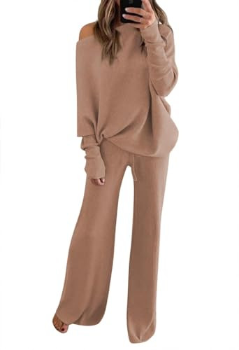 Fixmatti Women 2 Pieces Sweater Sets off Shoulder Sweatsuit Matching Wide Leg Pants Knit Sweatsuit Brown XL | Amazon (US)