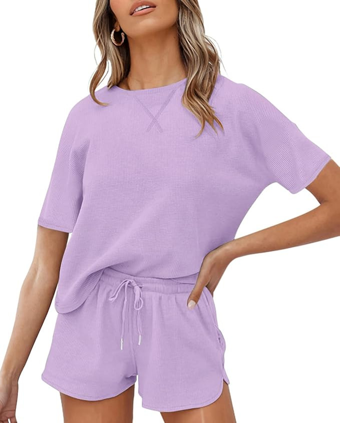 ZESICA Women's Waffle Knit Pajama Set Short Sleeve Top and Shorts Loungewear Athletic Tracksuits ... | Amazon (US)