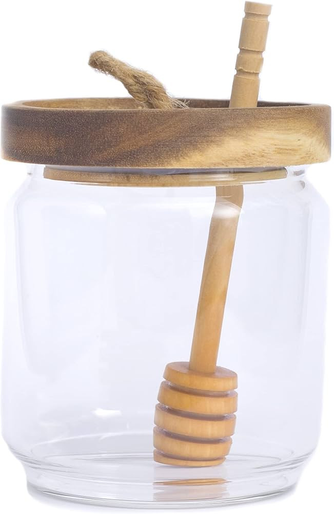 Honey Jar Pot Glass Holder Dispenser Set with Wooden Dipper Stick and Acacia Lid Cover for Home K... | Amazon (US)