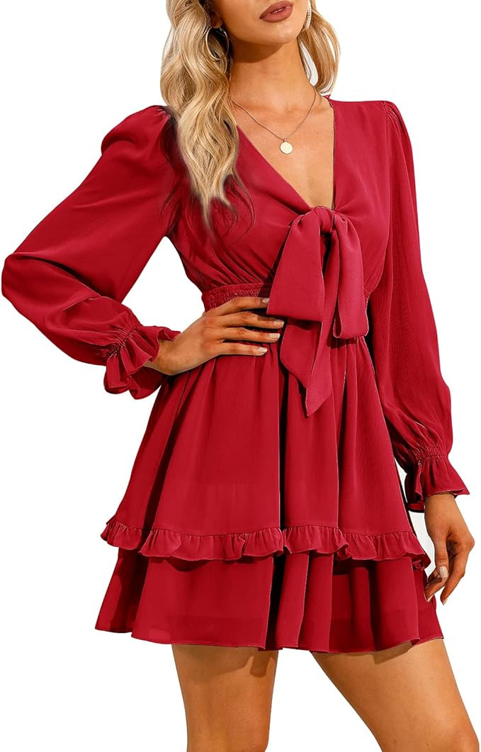 EXLURA Women Tie Front Elastic Waist Tiered Ruffle Layer Floral Balloon Long Sleeve V-Neck A-Line... | Amazon (US)