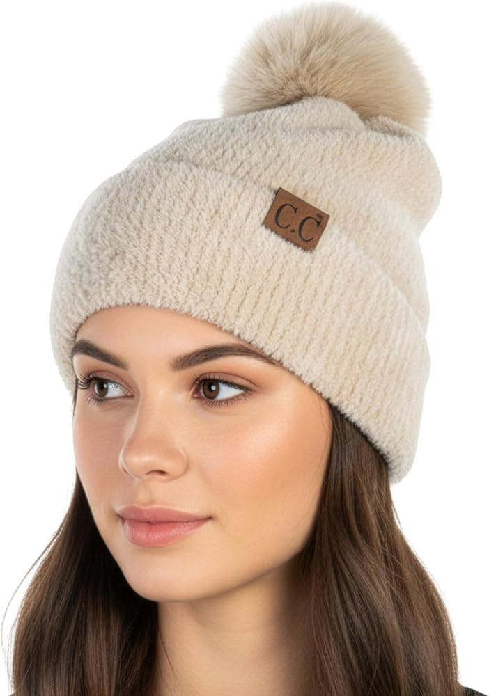 Funky Junque Beanie for Women Ultra Soft Chenille Faux Fur Pom Pom Winter Hats Warm Ski Cap Fashi... | Amazon (US)