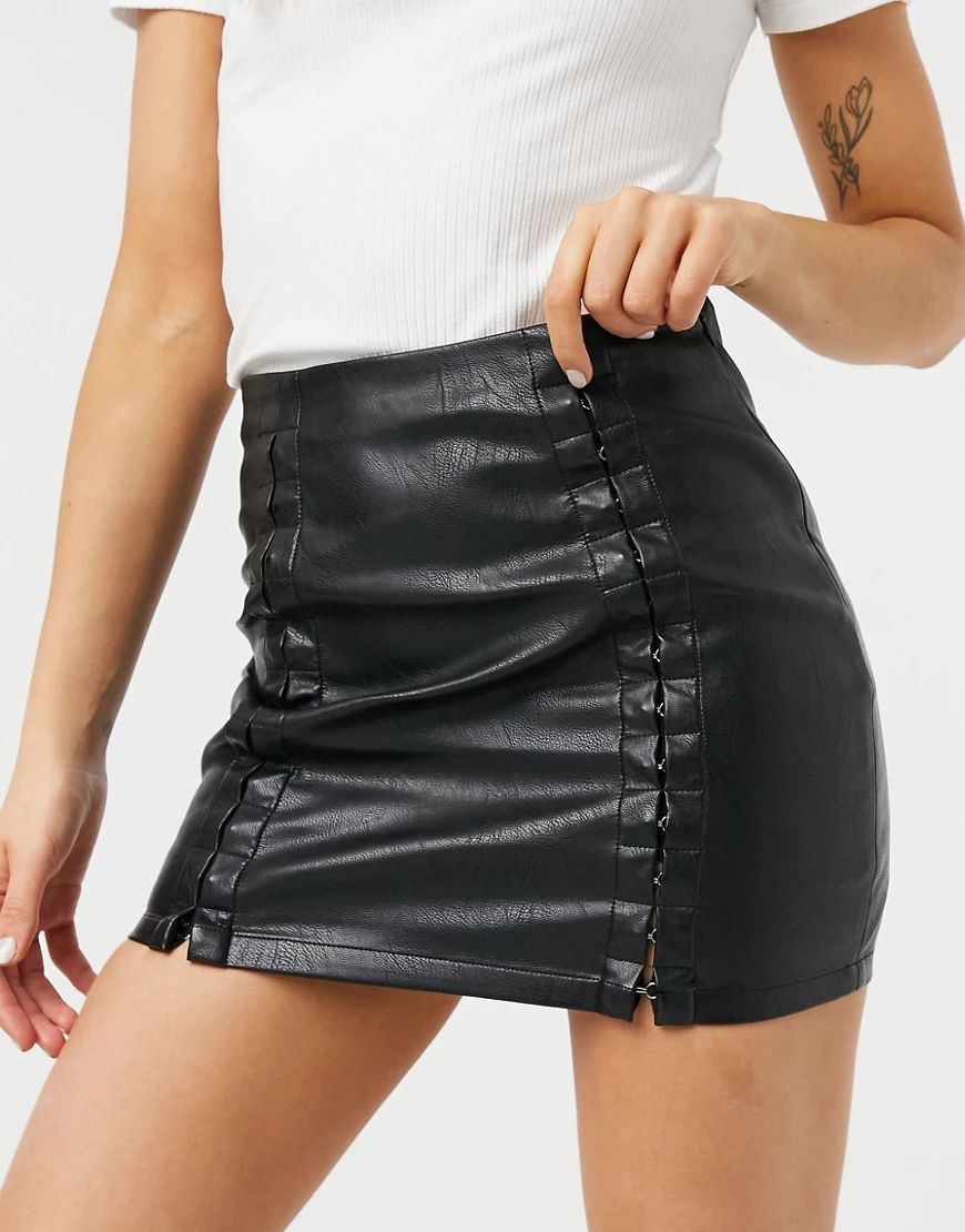 Steele vegan friendly leather hook & eye skirt in black-White | ASOS (Global)