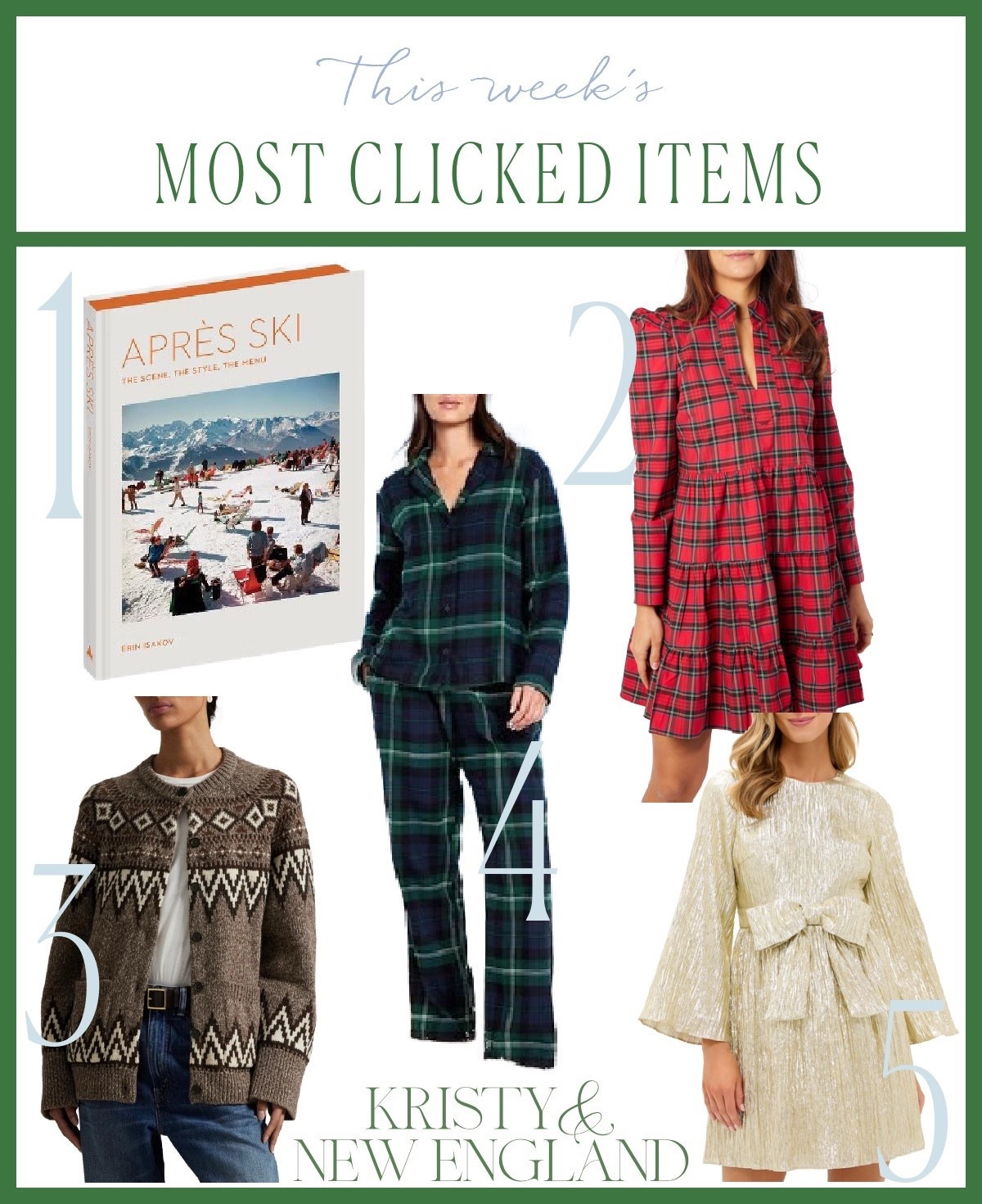 Most popular this week ✨ Apres-ski book, red tartan dress, RL fair isle cardigan, plaid flannel pajamas, gold plisse bow dresss

#LTKHoliday #LTKCyberWeek #LTKGiftGuide
