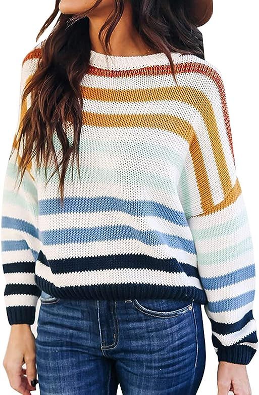 Women's Crew Neck Long Sleeve Color Block Knit Sweater Casual Pullover Jumper Tops | Amazon (US)