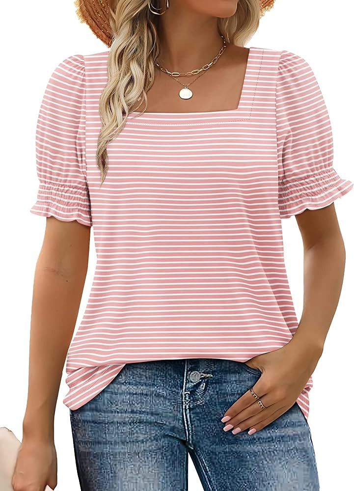 WIHOLL Tops for Women Summer Casual Ruffle Trim Sleeve Square Neck T Shirts | Amazon (US)