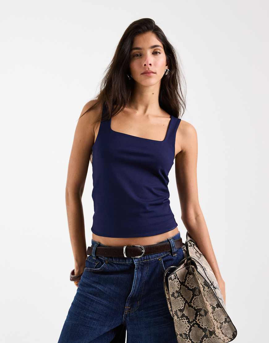 ASOS DESIGN double layer square neck singlet in navy-Blue | ASOS (Global)