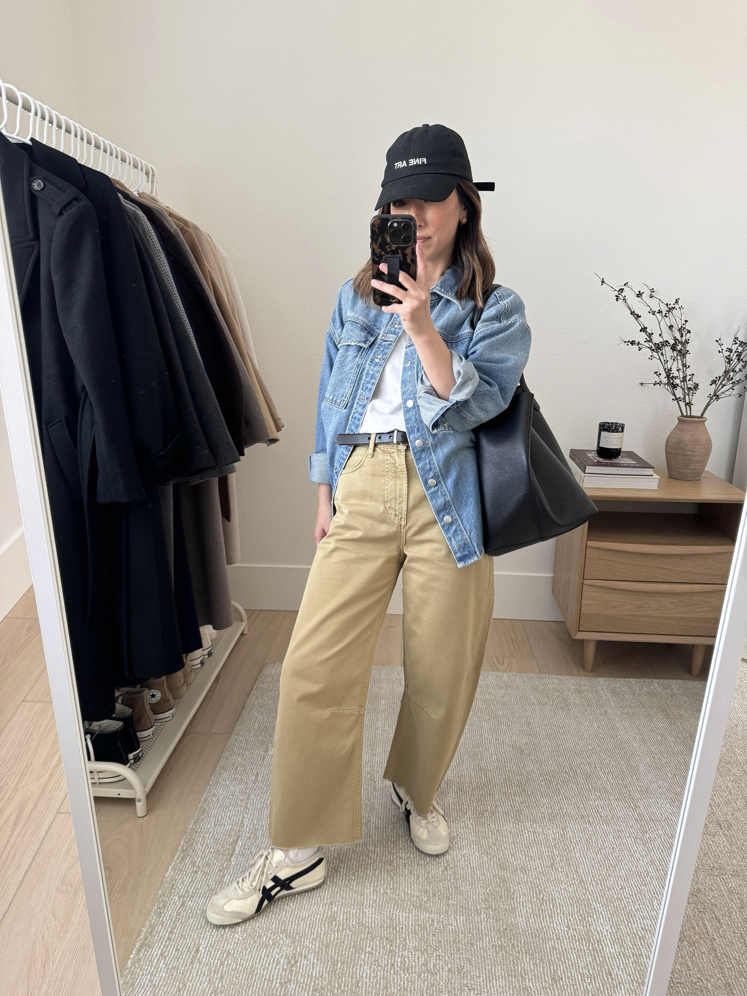 What fall bottoms work with sneakers? Barrel jeans and sneakers are tricky. But I like lifestyle sneakers, something slim, nothing bulky, with a barrel that hits at the ankle.

Madewell shacket xs
Everlane tee medium
Calvin Klein belt
Citizens of Humanity Miro jeans 23. Run super big. Cut hems
Onitsuka Tiger sneakers 4 mens
Mansur Gavriel tote
Fine Art hat (old)

#LTKStyleTip #LTKPetite #LTKSeasonal