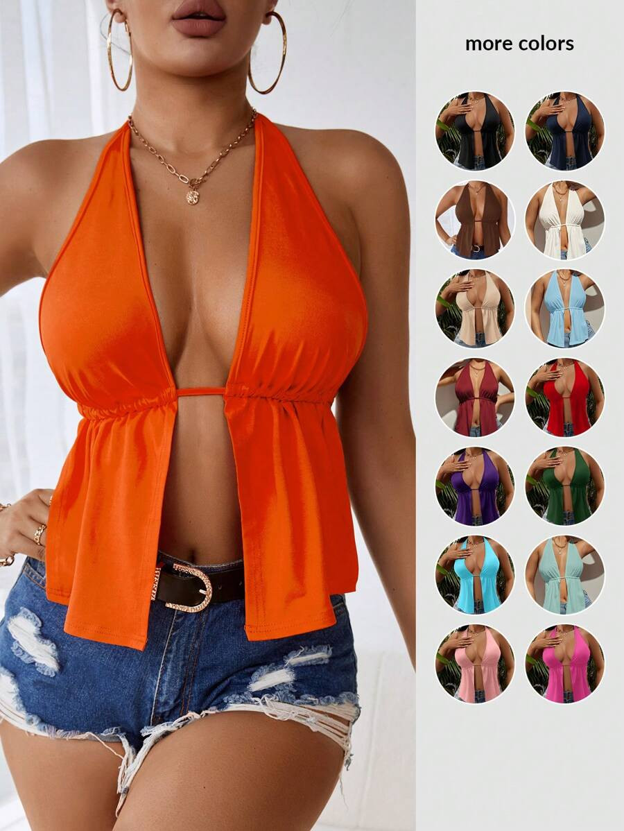 SHEIN SXY Slit Front Backless Knot Halter Beach Top | SHEIN