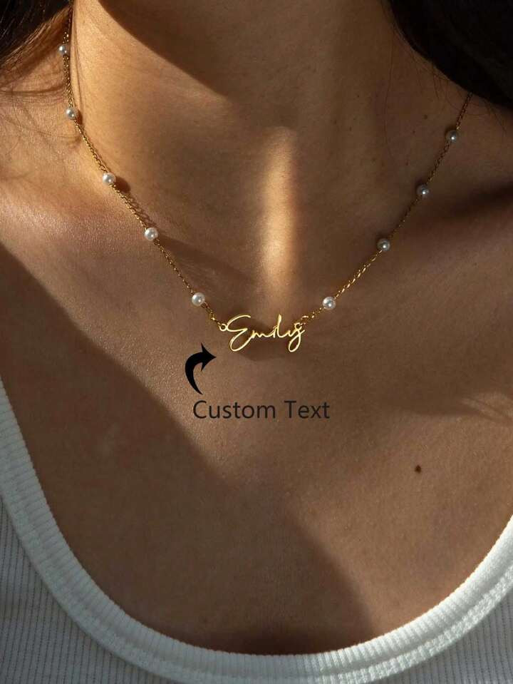 1PC Personalized Pearl Name Necklace For Women Custom Name Necklace Stainless Steel Pearl Chain N... | SHEIN