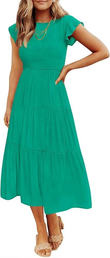 ZESICA Women's 2024 Summer Casual Flutter Short Sleeve Crew Neck Smocked Elastic Waist Tiered Mid... | Amazon (US)