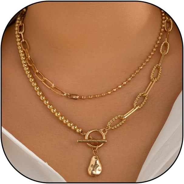 Plated Gold Layered Paperclip OT Clasps Necklace,Vintage Stackable Pearl Pendant Beaded Choker Ne... | Amazon (US)