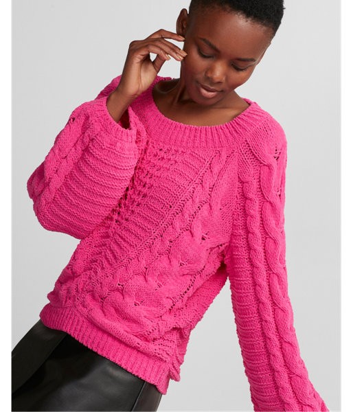 Express Womens Cable Knit Chenille Boat Neck Balloon Sleeve Sweater | Express