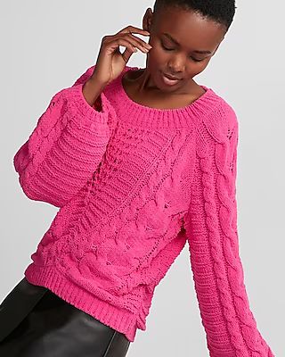 Express Womens Cable Knit Chenille Boat Neck Balloon Sleeve Sweater Pink X Small | Express