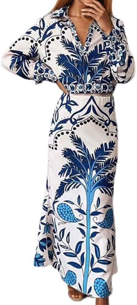 KUGGKKTP The New V-Neck Irregular Printed Long-Sleeved Floor-Length Dress is a Summer Dress for W... | Amazon (US)
