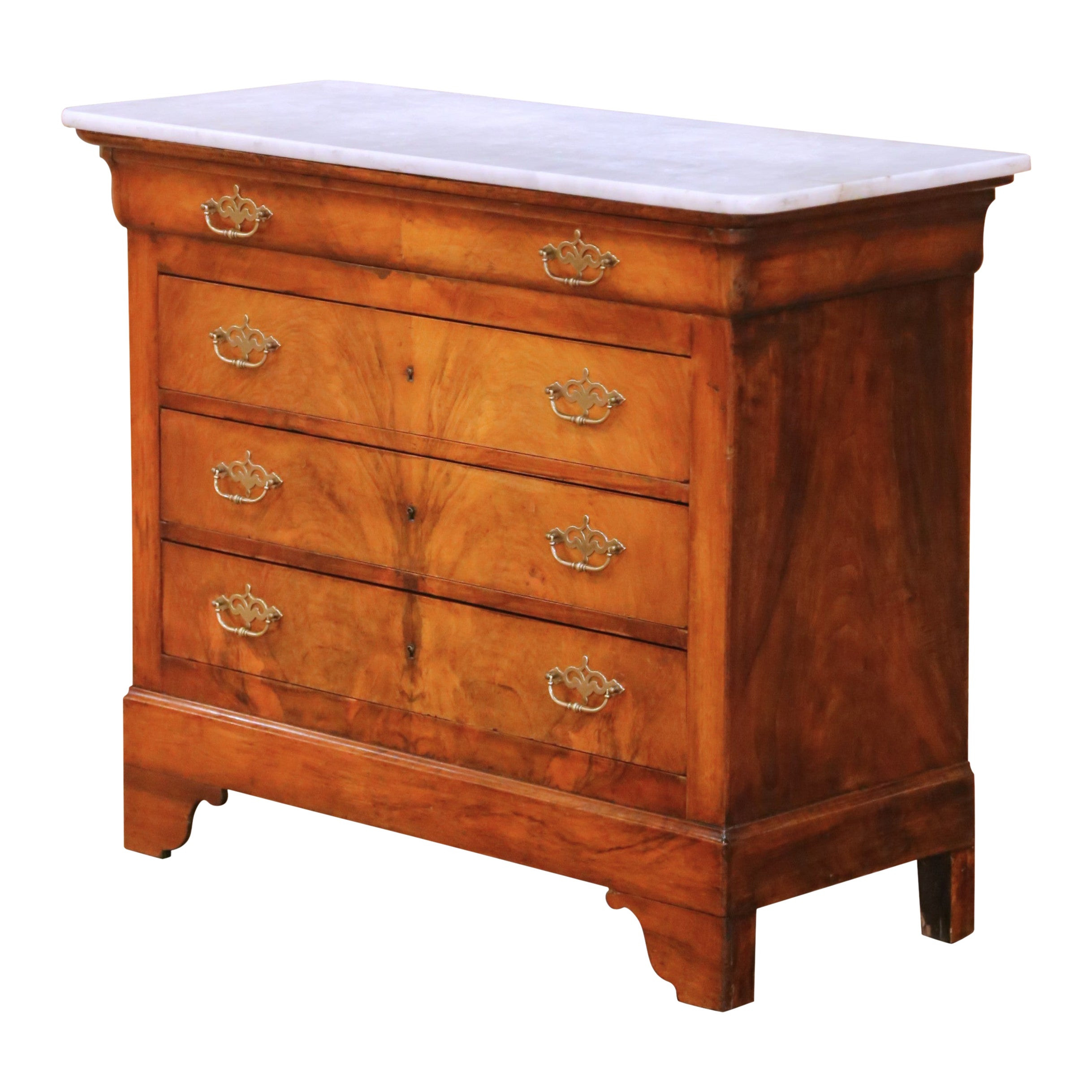 19th Century French Louis Philippe Walnut Commode Chest with White Marble Top | 1stDibs