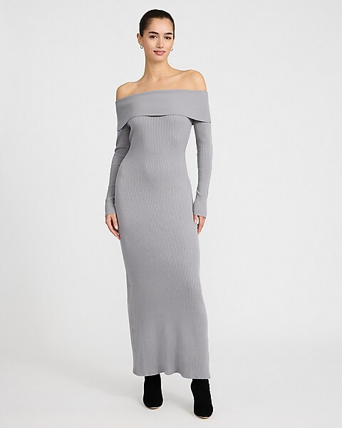 Cozy Ribbed Fold Over Off The Shoulder Maxi Sweater Dress | Express