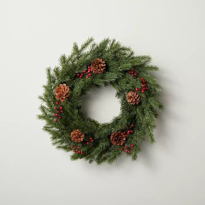 20" Faux Pine Wreath with Red Berries and Pinecones - Hearth & Hand™ with Magnolia | Target