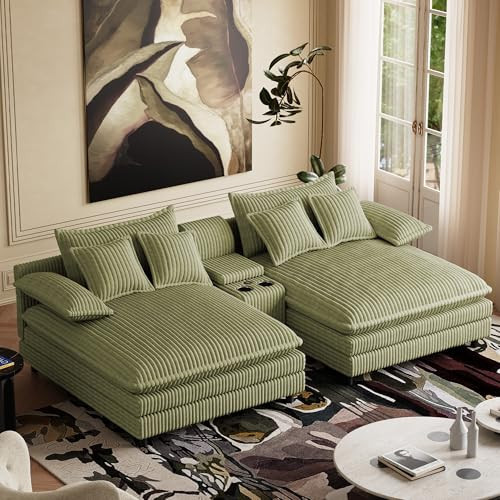 114"W Oversized Double Chaise Lounge Chair Indoor, Upholstered Corduroy Sofa Couch with Storage, USB &Cup Holder, Fluffy Adjustable Reading Chair, Cloud Sleeper Sofa Bed for Living Room Bedroom,Green | Amazon (US)