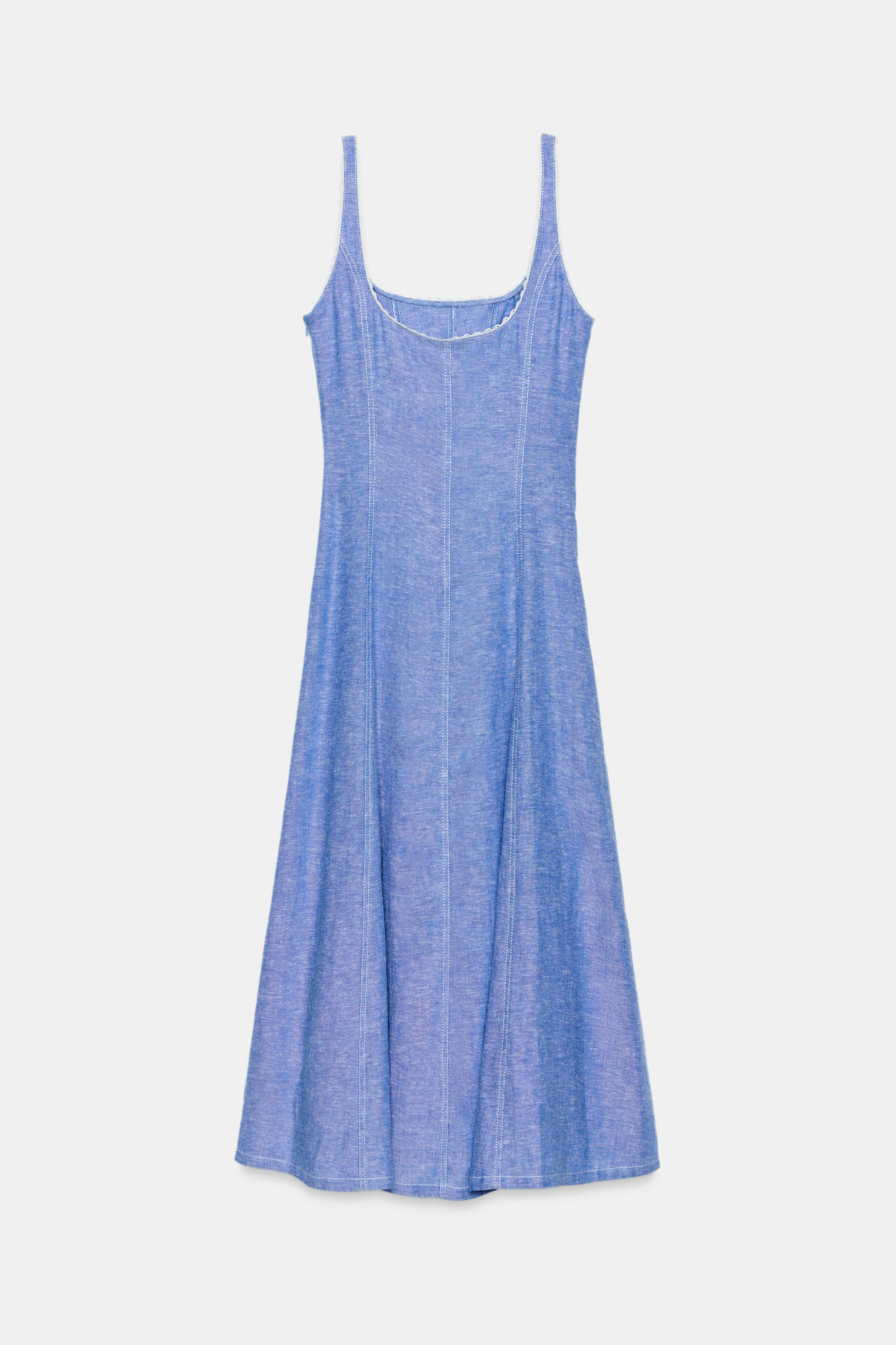 Dress made of linen. Round neckline and wide straps with lace trim. Side hidden in-seam zip closu... | Zara US