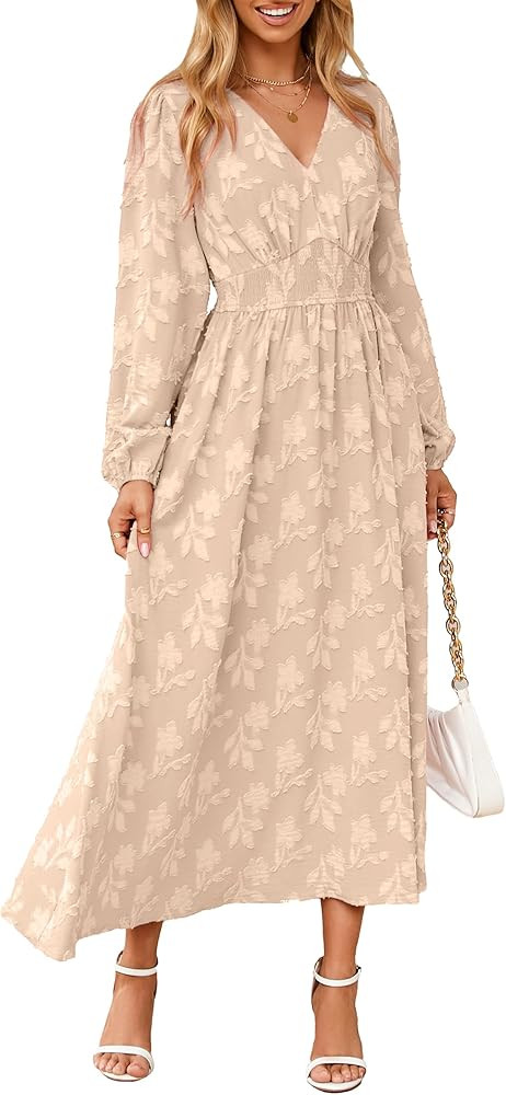 Simplee Womens Boho Floral Long Sleeve Maxi Dress V Neck Empire Waist Fall Wedding Guest Dresses ... | Amazon (US)
