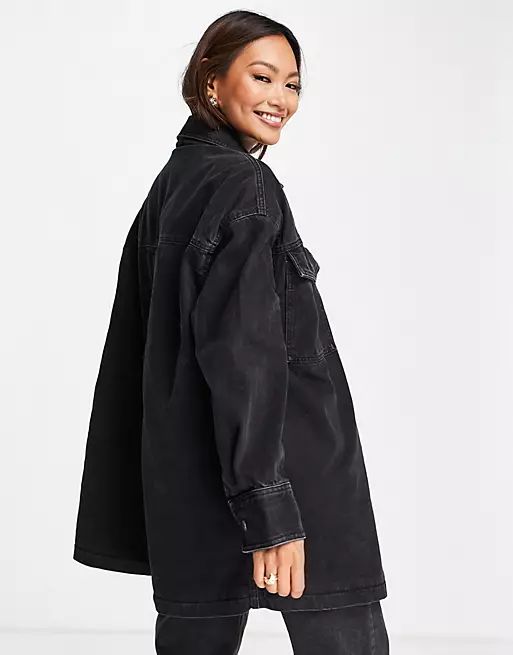 ASOS DESIGN denim oversized shacket in washed black with sherpa lining | ASOS (Global)